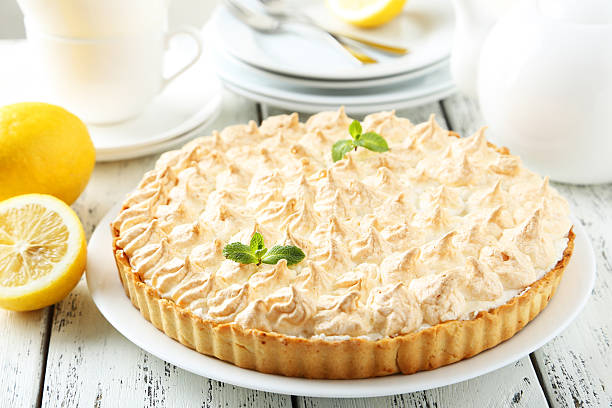 istock Lemon meringue pie on plate on white wooden background 473929256