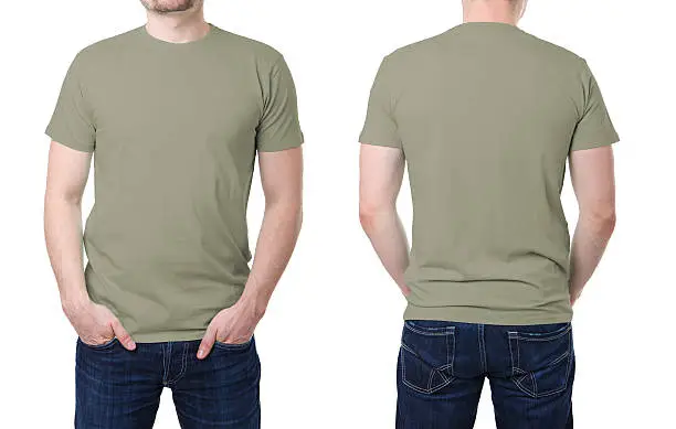 Khaki t shirt on a young man template on white background