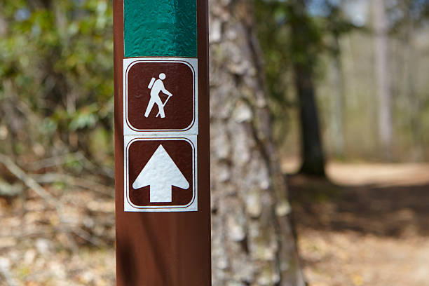 istock A brown sigh with a white arrow and a white hiker icon  473939956