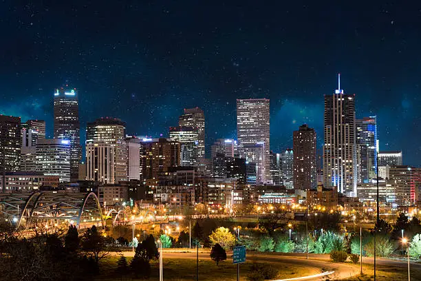 Denver, Colorado, city skyline under a night sky