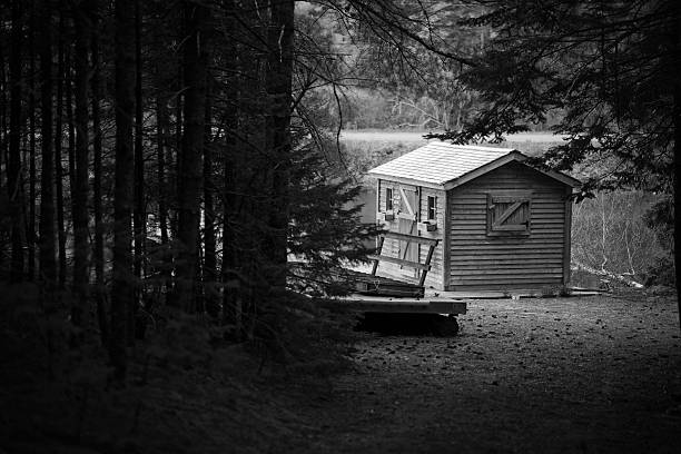 Boathouse in  black and white, Nova Scotia, Canada.  Dark trees in shadow frame this small building on the sea.  Weathered shingles and beautiful tones.