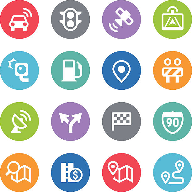 stockillustraties, clipart, cartoons en iconen met gps navigation and road icons - circle illustrations - direct klaar camera