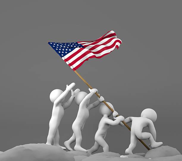 istock Four characters holding United States flag 473954334