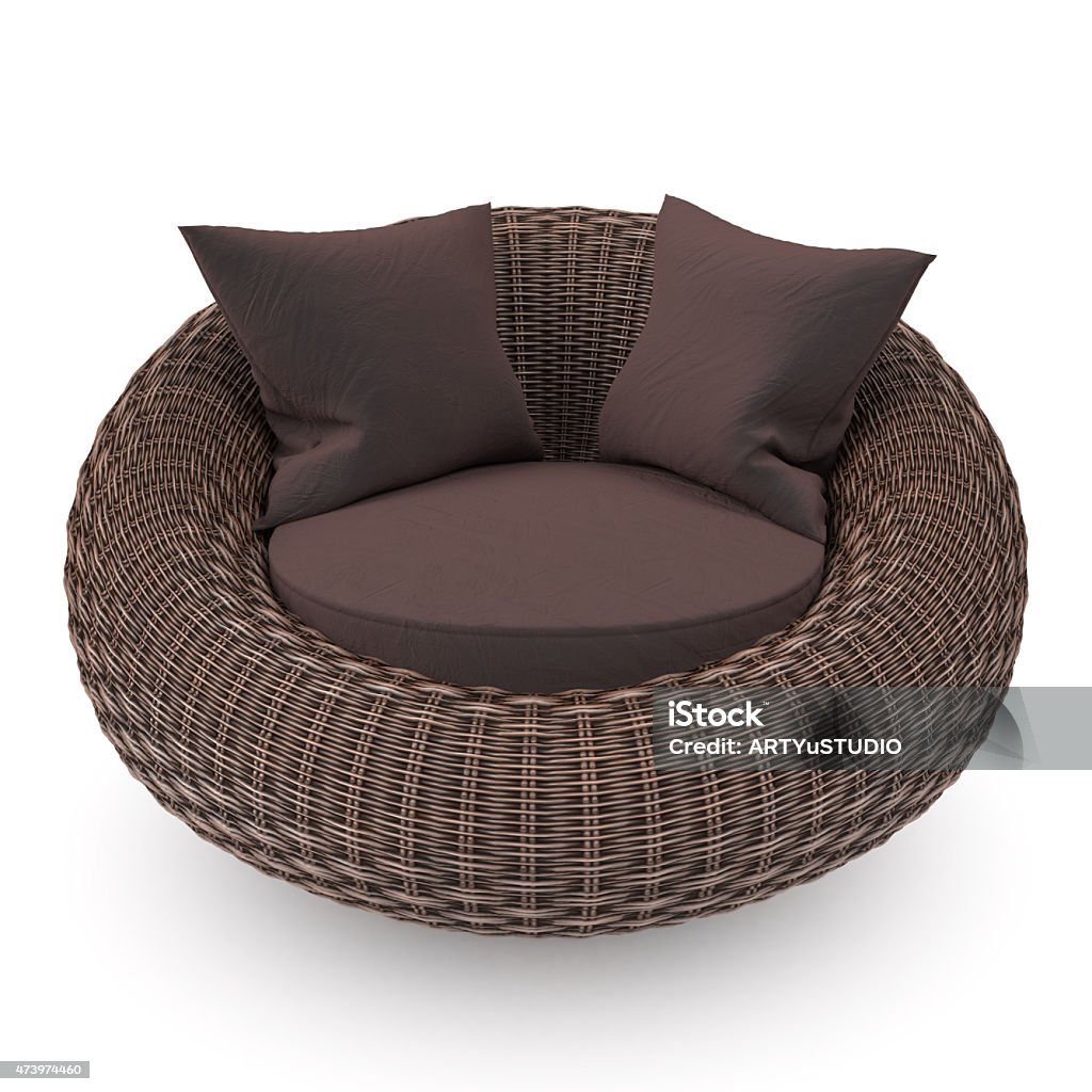 Rattan chair Rattan chair front view with soft pillows, on a white background Airport Departure Area Stock Photo