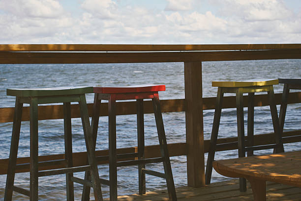 istock Colorful bar stools and bar by the lake edge. 473981490