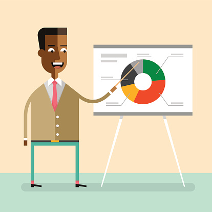 Handsome african american manager gives a presentation and shows a diagram. Vector illustration style flat.