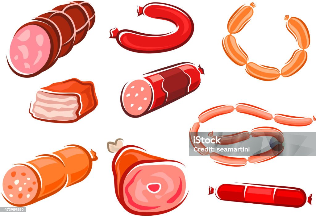 Cartoon processed meats and sausages Cartoon processed meats and sausages with ham, pork, meatloaf, salami isolated on white background Chef stock vector