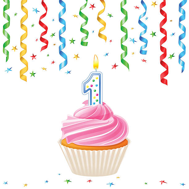 ciastko z świeca i serpentyna - birthday cupcake cake candy stock illustrations