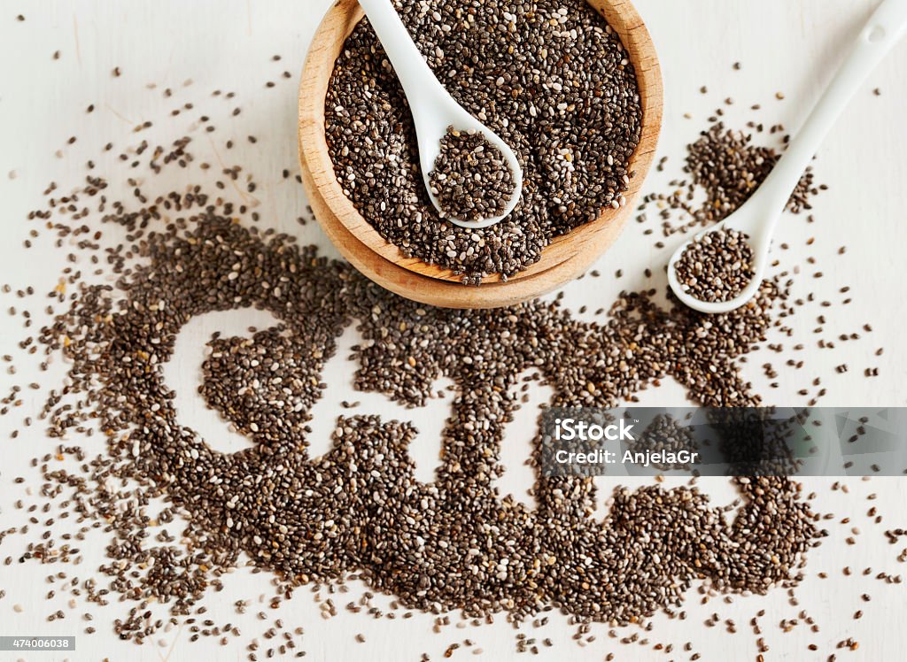 Chia word made from seeds. Chia seeds. Chia word made from chia seeds. Selective focus Chia seed Stock Photo