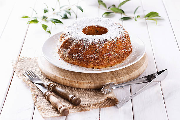 Classic Bundt Cake with icing sugar stock photo