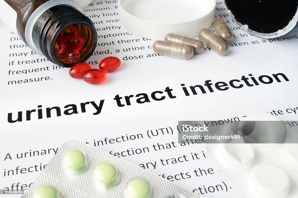 Paper with urinary tract infection  and pills. Paper with urinary tract infection  and pills. Medical concept. Urinary Tract Infection Stock Photo