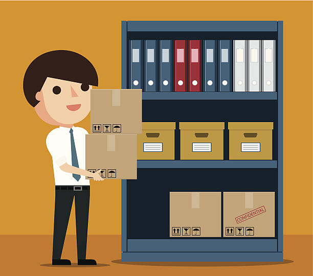 Filing Documents Businessman archiving the office document. Zip contains AI and hi-res jpeg. well dressed man standing stock illustrations