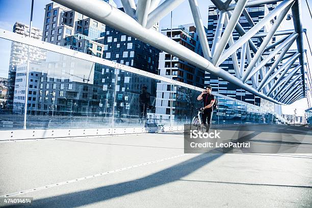 Commuter Walking On A Bridge In The Morning Stock Photo - Download Image Now - City, Oslo, People