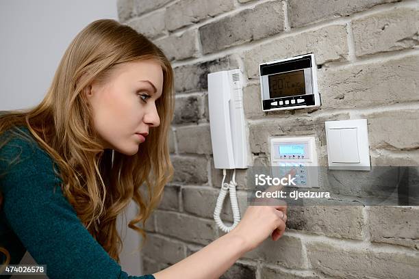 Woman Activates An Alarm In The House Stock Photo - Download Image Now - Burglar Alarm, Alarm, Security