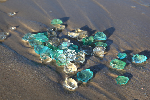 Sea glass on the beach with the wet sand beneath it.