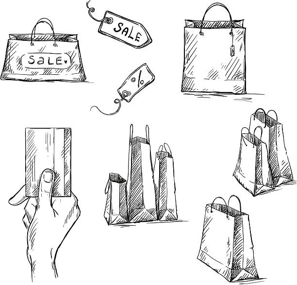 Shopping icons, sale tag, paper bags drawing Shopping icons, sale tag, paper bags, hand with credit card illustration shopping bag illustrations stock illustrations