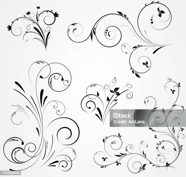 Set Of Floral Swirl Designs Stock Illustration - Download Image Now - Abstract, Black Color, Computer Graphic