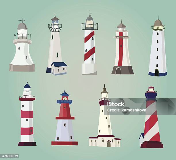 Set Of Cartoon Lighthouses Flat Icons Stock Illustration - Download Image Now - Architecture, Beacon, Built Structure