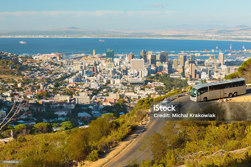 Cape Town view from the road on Table Mountain. Cape Town cityscape seen from the road leading to Table Mountain cable car station  (South Africa). Cape Town Stock Photo