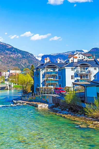 Bad Ischl, Austria - April 21, 2015: old city  at traun river in Bad Ischl, Austria. A settlement area since the Hallstatt culture Bad Ischl was first mentioned in a 1262 deed as Iselen.