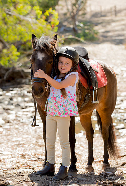 Little girl in helmet and riding gear posing with pony stock photo