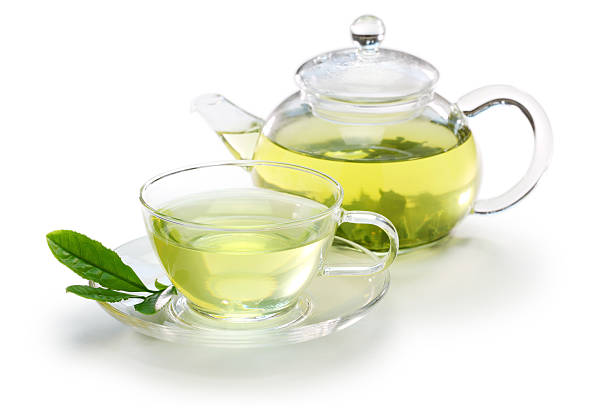 glass cup of Japanese green tea stock photo