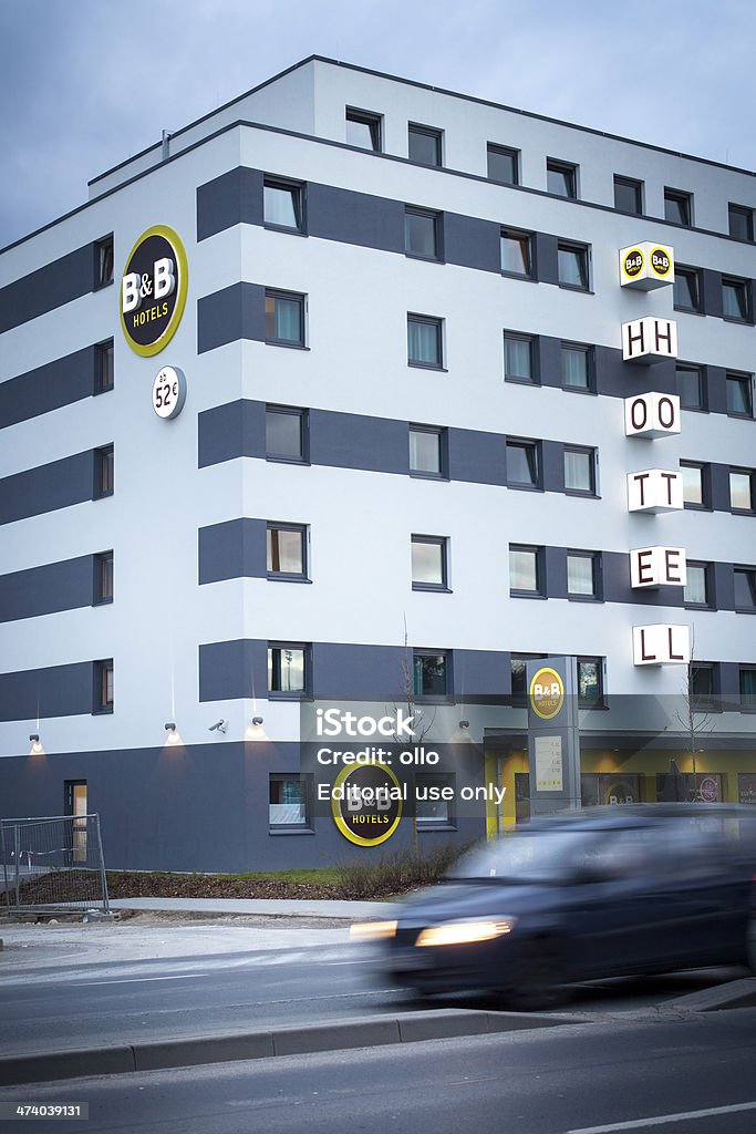 B&B Hotels Wiesbaden, Germany - February 19, 2014: Facade, logos and entrance of B and B Hotel in the city center of Wiesbaden. B&B Hotels is a French budget hotel chain, it was founded in 1990. Architecture Stock Photo