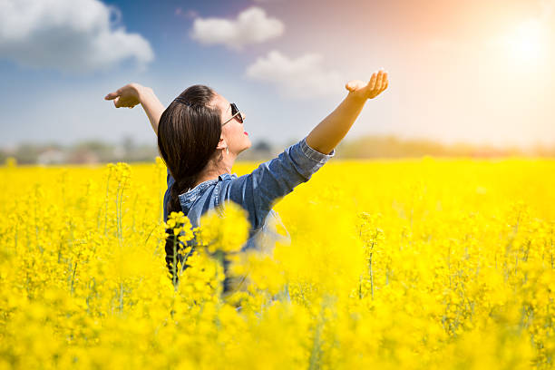 istock Woman cheering in the rape field 474042412