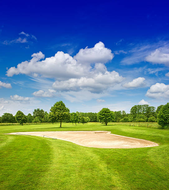 grünen golfplatz und dramatischen blauer himmel - golf golf club luxury golf course stock-fotos und bilder