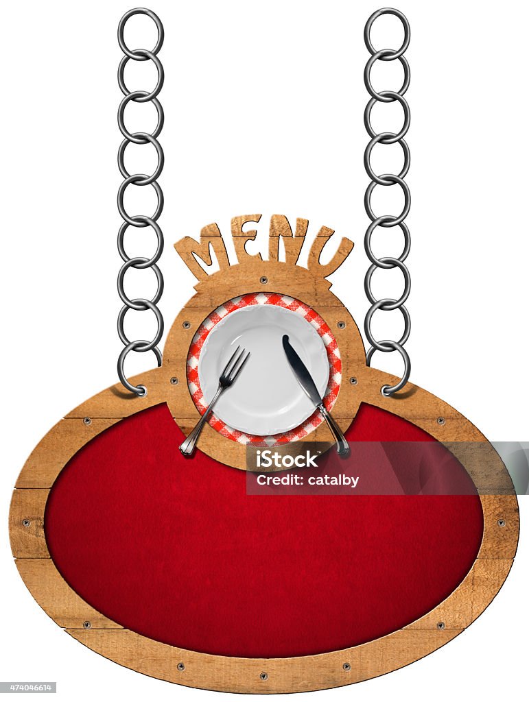 Food Menu - Sign with Metal Chain Oval sign with wooden frame, white plate with silver cutlery and text menu. Hanging from a metal chain and isolated on a white 2015 Stock Photo