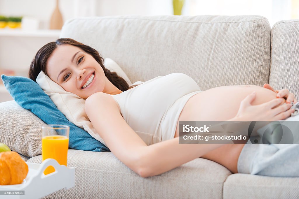 The happiest time for every woman. Beautiful pregnant woman looking at camera and smiling while lying on a couch 2015 Stock Photo