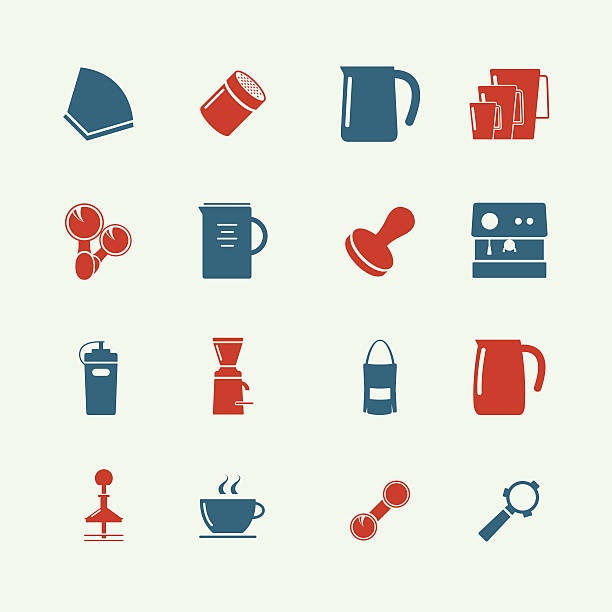 커피 제조인 아이콘크기 set2-백색과 시리즈 - tea cup coffee cup teapot domestic kitchen stock illustrations