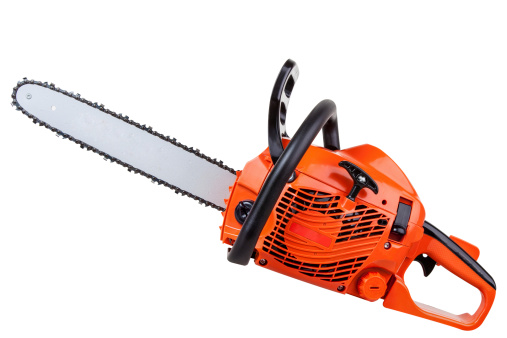New red chainsaw isolated on white background with clipping paths