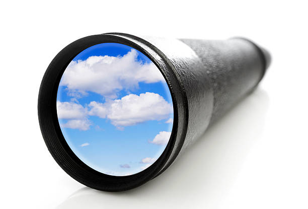 Monocle Monocle wide angle with sky reflection isolated on white telescope lens stock pictures, royalty-free photos & images