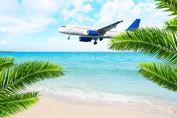 istock Jet airplane landing over the sea beach. 474051428