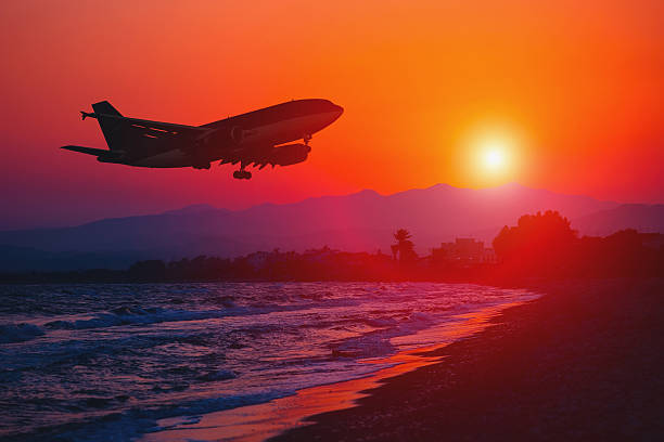 Airplane landing at sunset. stock photo