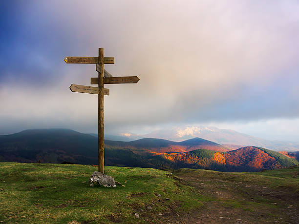 istock wooden signpost on mountain 474051686