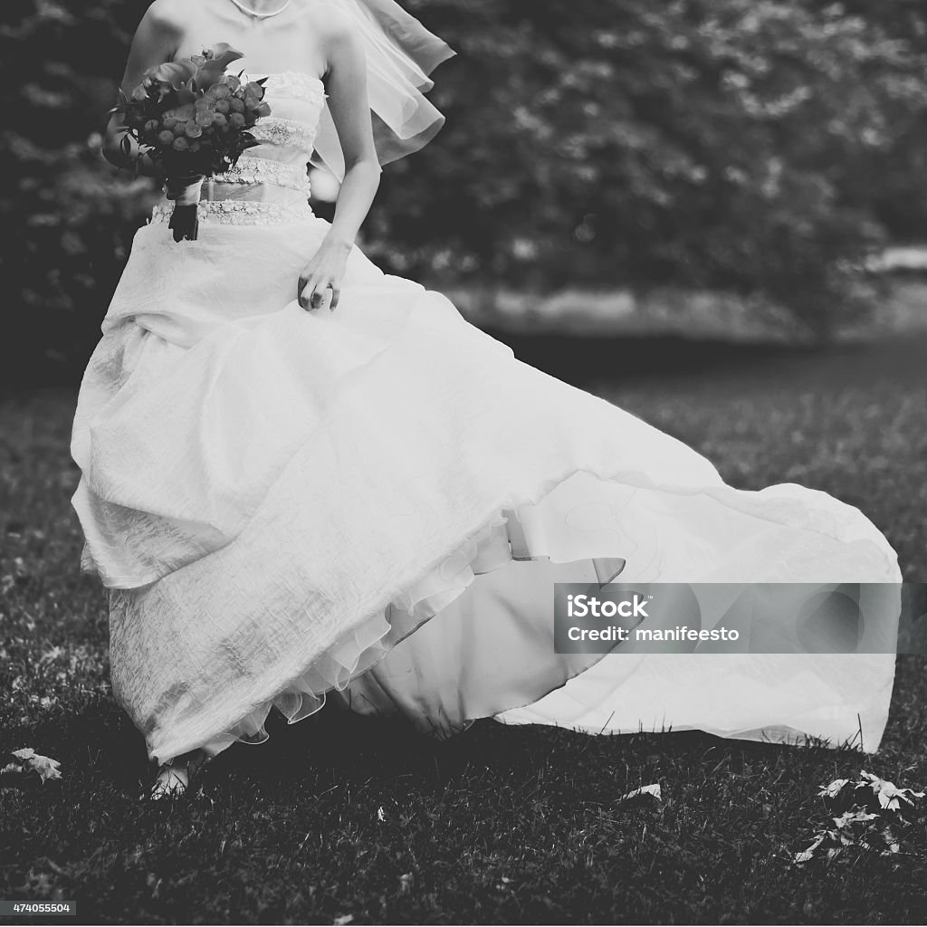 Wedding picture of happy bride. Happy bridal couple in garden. Summer wedding picture. 2015 Stock Photo