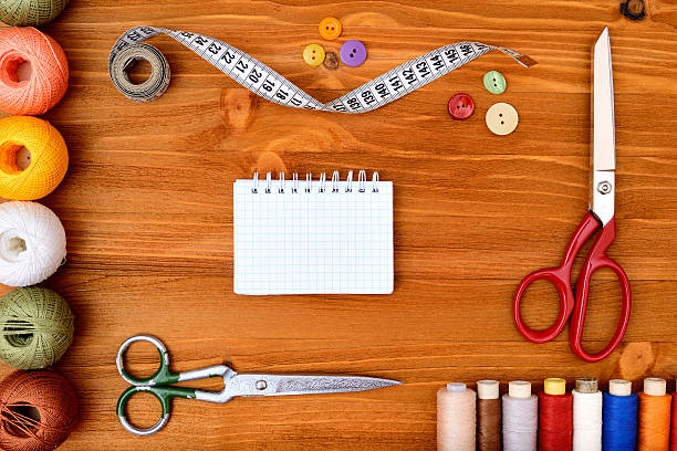 istock Copyspace frame with sewing tools and accesories on wooden background 474055680