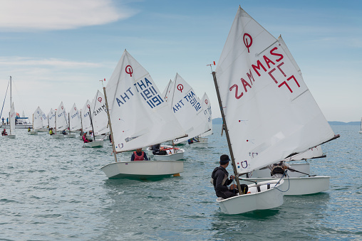 Chonburi, Thailand - May 1, 2015: all competitor boats set sail in Top of the Gulf Regatta event at Jomtien beach Pataya May 01, 2015