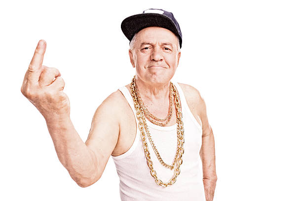 senior uomo di hip-hop in abbigliamento, con il dito - old school rap foto e immagini stock