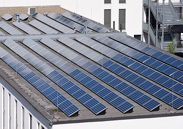 istock Elevated view of new solar panels on a roof 474060158