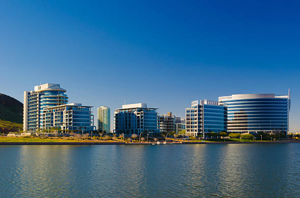 Tempe skyline Tempe downtown skyline in the Phoenix Metropolitan area, with the Tempe Town Lake (that sits on the area of the Salt River) in the foreground. salt river photos stock pictures, royalty-free photos & images