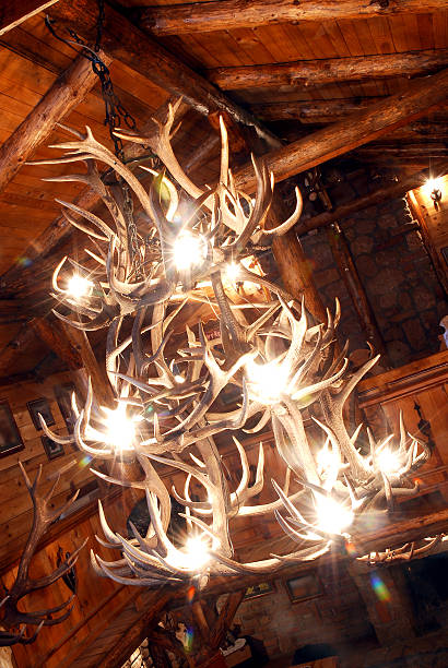 Antler chandelier A chandelier made with antlers with light fixture hanging from the wooden ceiling in restaurant interior antler chandelier stock pictures, royalty-free photos & images