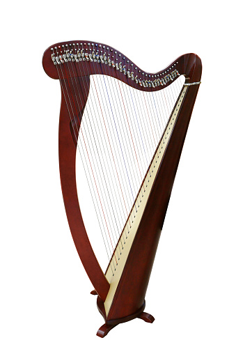 Harp musical instrument isolated on white background.