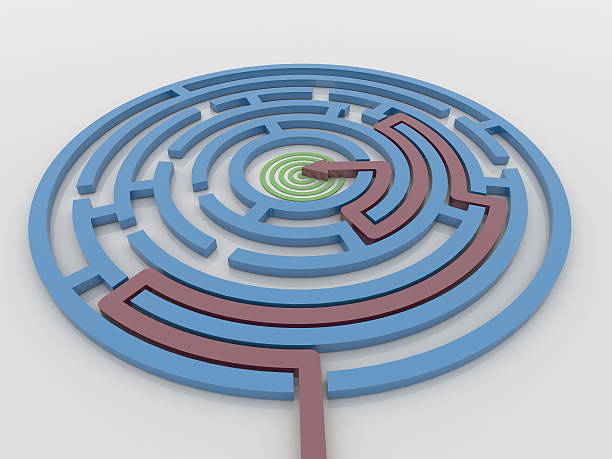 Maze Labyrinth 3D Render with Red Arrow to Target stock photo