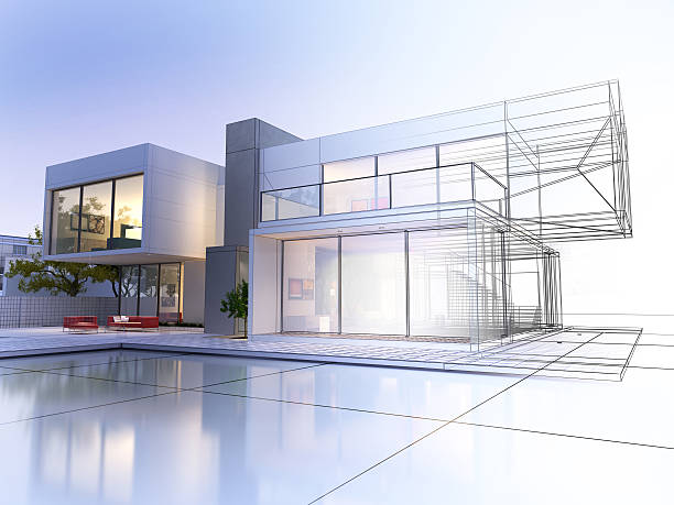 Wireframe villa 3D rendering of a luxurious villa with contrasting realistic rendering and wireframe wire frame model stock pictures, royalty-free photos & images