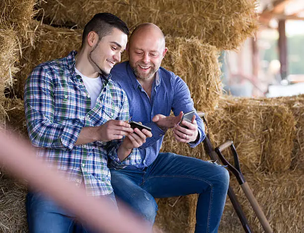 Portrait of two joyful smiling male farmers with phones at hayloft