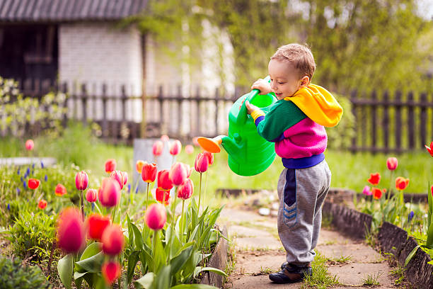istock cute little boy watering flowers 474068778