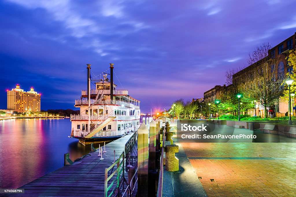 Savannah, Geogia Riverfront Promenade Savannah, Georgia, USA riverfront promenade at twilight. Savannah - Georgia Stock Photo